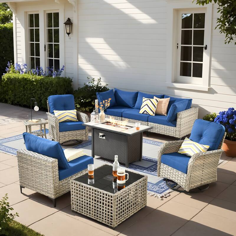 HOOOWOOO 9-piece Wicker Furniture Patio Sofa Swivel Chair Fire Pit Set
