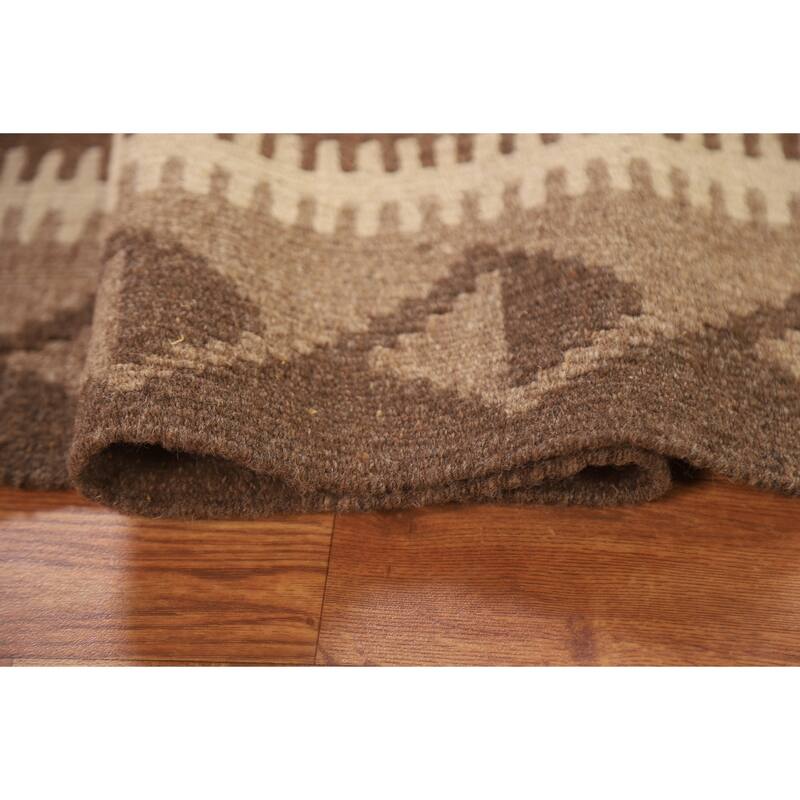 Hand-woven Geometric Kilim Area Rug Oriental Brown Wool Carpet - 5'0" x 6'10"