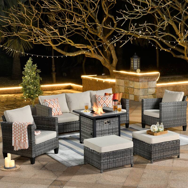 OVIOS 6-piece Patio Outdoor Wicker Conversation Set With 30" Fire Pit