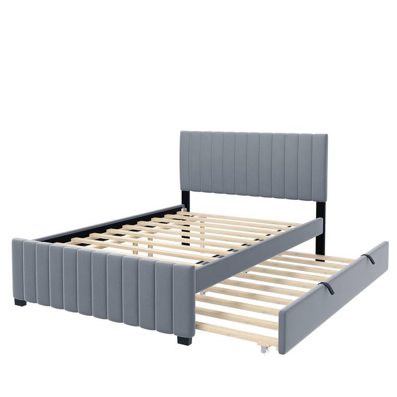 Full Size Platform Bed Stylish Velvet Upholstered Bed Frame with Headboard and Footboard & Pull Out Twin Size Trundle
