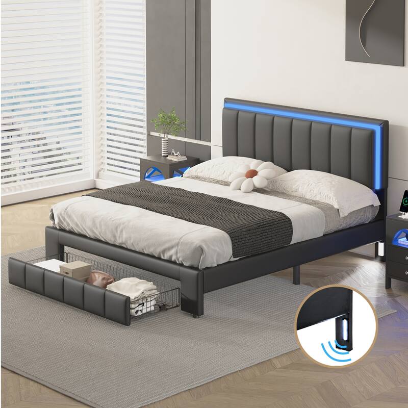 Upholstered Platform Bed with LED Lights and Two Motion Activated Night