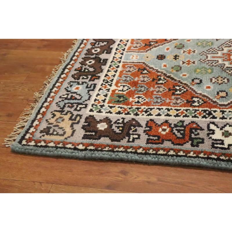 Hand Knotted Oriental 100% Wool Carpet Traditional Geometric Navy Blue & Blues Viss Runner Rug - 8' 0'' X 2' 7''