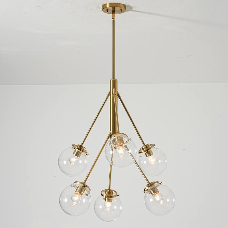 6-Light Modern Glam Sputnik Brass/Matte Black Finish Dimmable Chandelier with Clear Glass Globe for Living & Dining Room