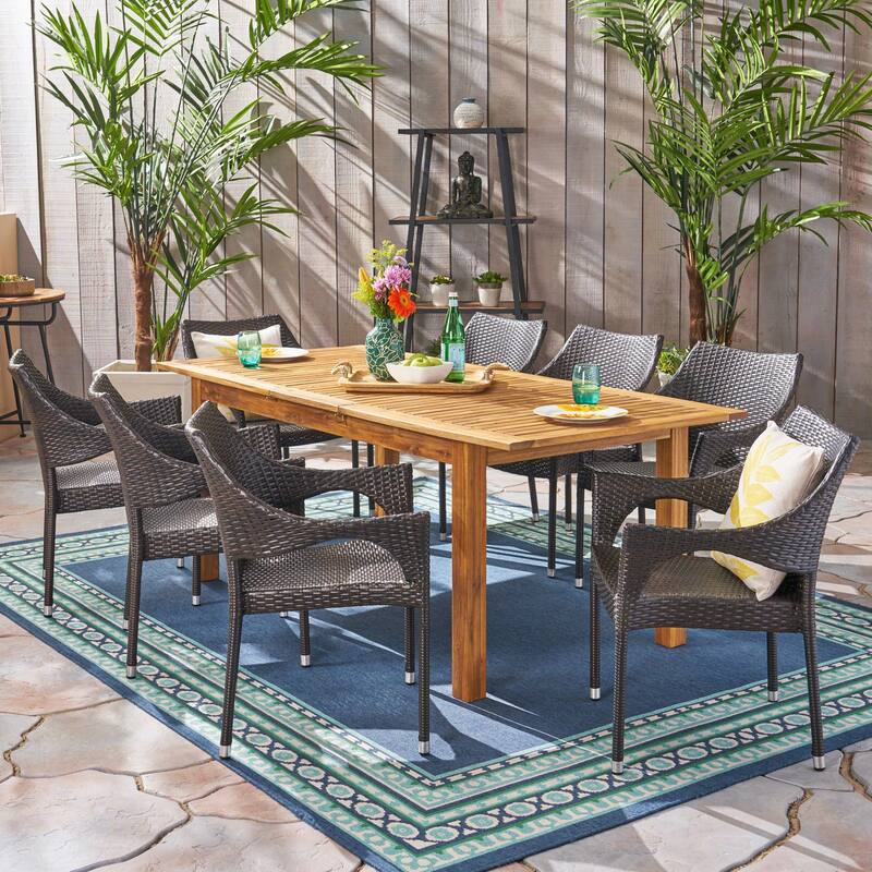 Damon Outdoor 9 Piece Wood and Wicker Expandable Dining Set by Christopher Knight Home