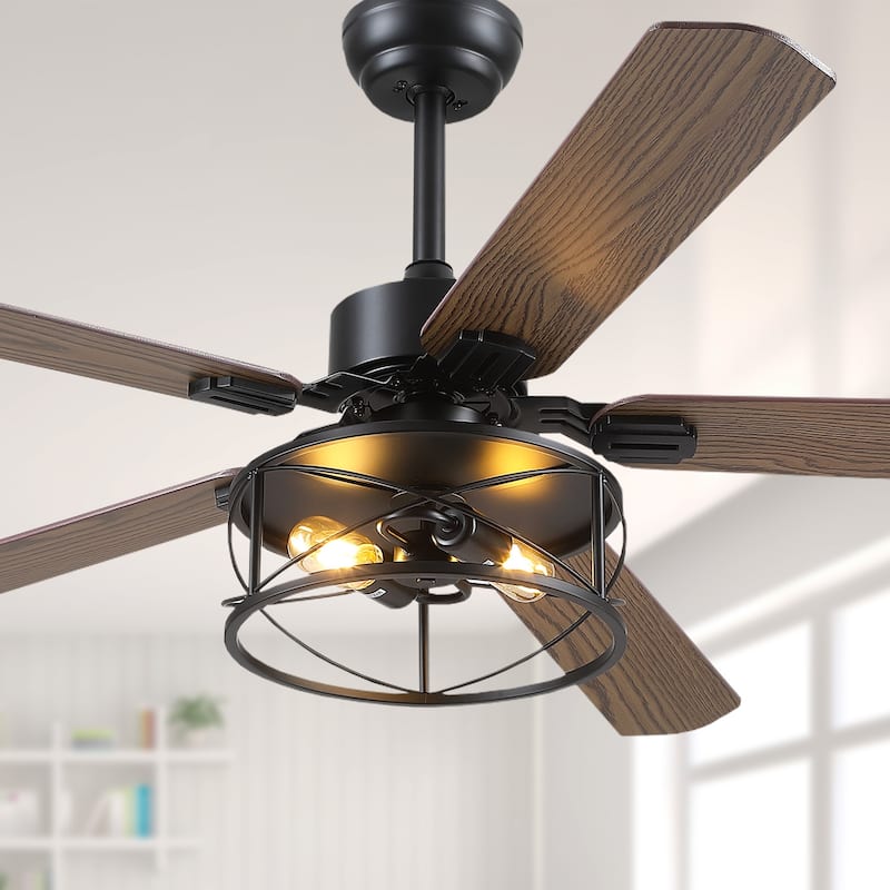 56 Inch Ceiling Fan with Caged Light and Plywood Blades for Farmhouse Living Room Bedroom - 56 Inches - Brown and Wood Grain