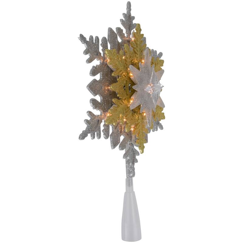 13.75" Lighted Gold and Silver Snowflake Christmas Tree Topper Clear Lights