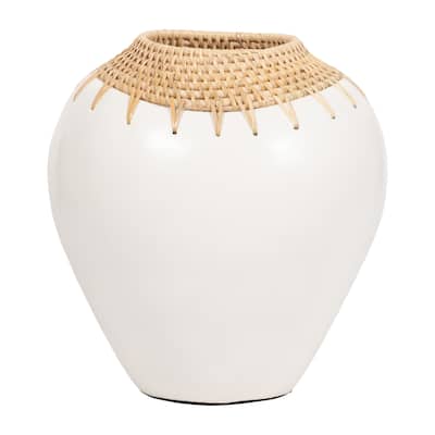 Sagebrook Home Terracotta, 10"h Vase, White Finish with Brown Accent, Handcrafted Ceramic Art