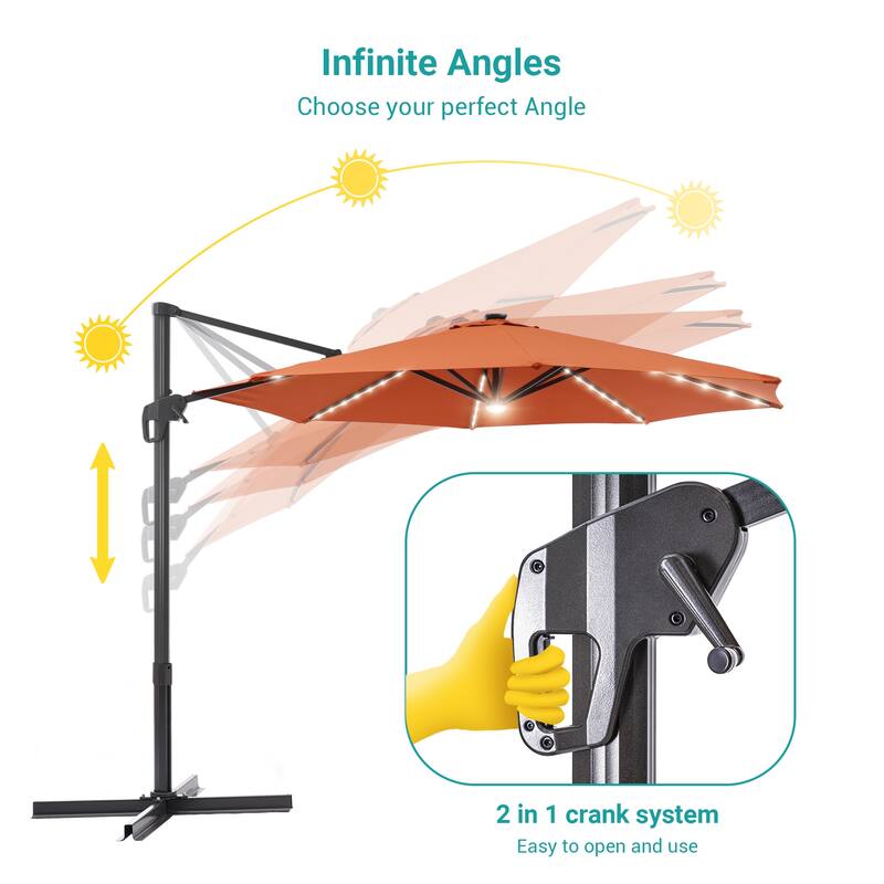 BONOSUKI 11FT LED Cantilever Patio Umbrella Angle Adjustment w/Cross Base