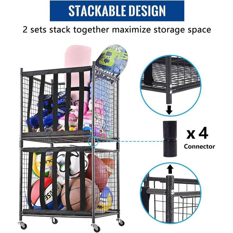 Rolling Sports Ball Storage Cart,2 Pack,Black