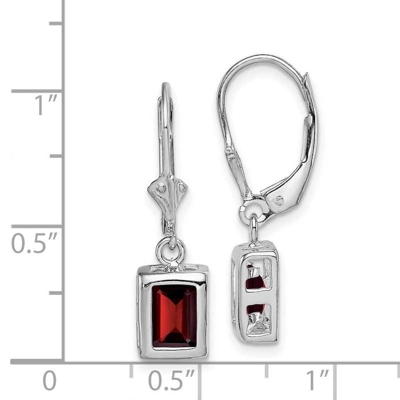 Curata 925 Sterling Silver Bezel 7x5mm Emerald Cut Garnet Leverback Earrings 26x7mm