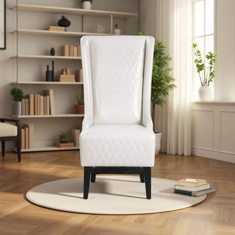 Faux Leather Wingback Chair with Wooden Legs and High Back Support - White