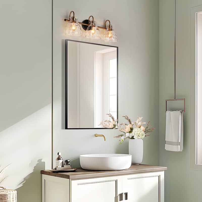 Elisie Modern Glam 3-light Bathroom Vanity Light Black Gold Sconce with Water Glass - L23" x W7.5" x H9"