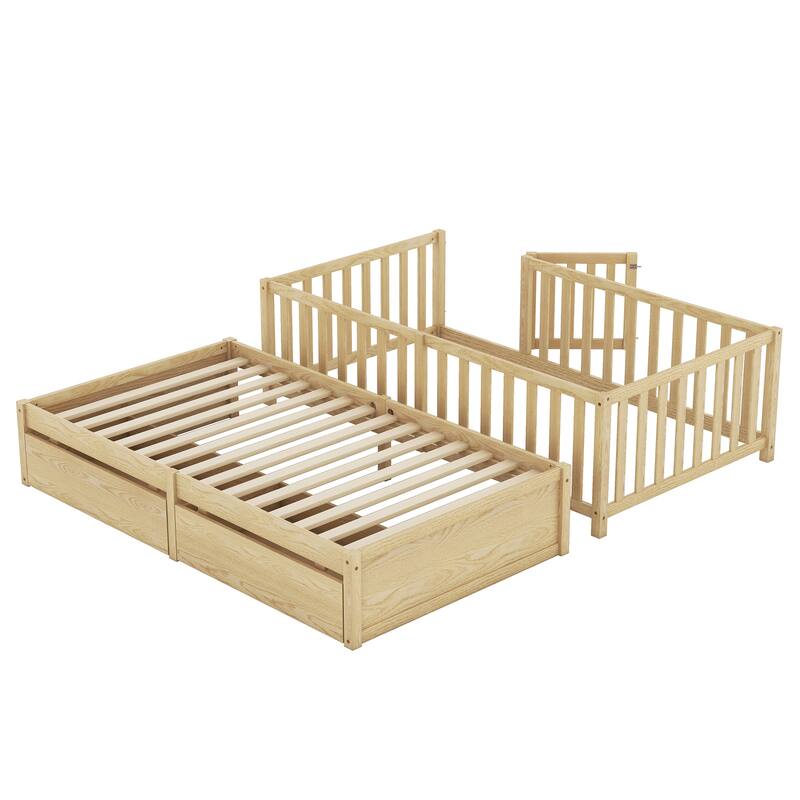 Modern Wood Daybed with Fence Guardrails and 2 Drawers