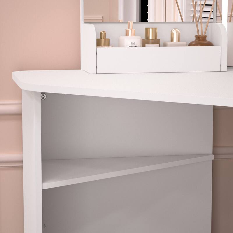 KEONJINN Corner Vanity Desk Set with Lighted Mirror & Matching Chair, Bedroom Storage - White - 56INx47IN