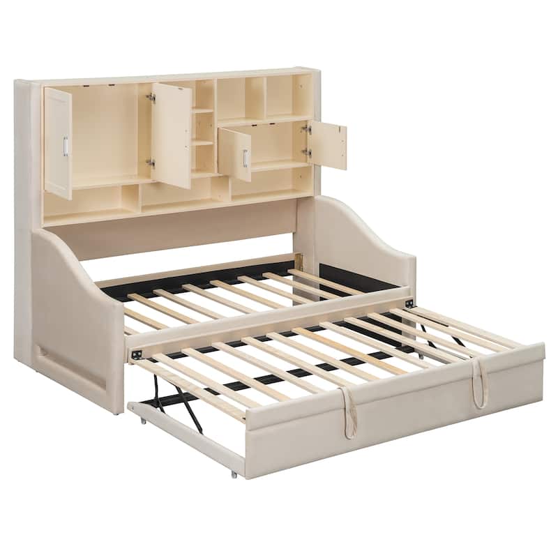 Convertible Twin Daybed with LED Armrests, Storage Shelving & Pop-Up Trundle by Harper&Bright Designs