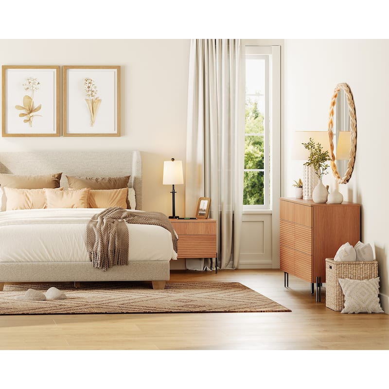 WAMPAT 2 Pcs Bedroom Set, 6 Drawer Dresser And Nightstand Set For Bedroom,Hidden Handles, Reed Pattern & Double Chopsticks Legs