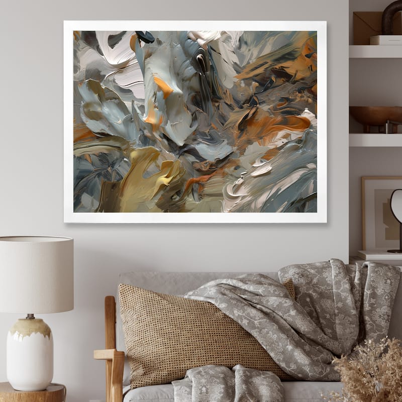 Designart "Autumn Jazz Abstract Expressionism" Abstract Painting Framed Canvas Prints - 32 in. wide x 16 in. high - White