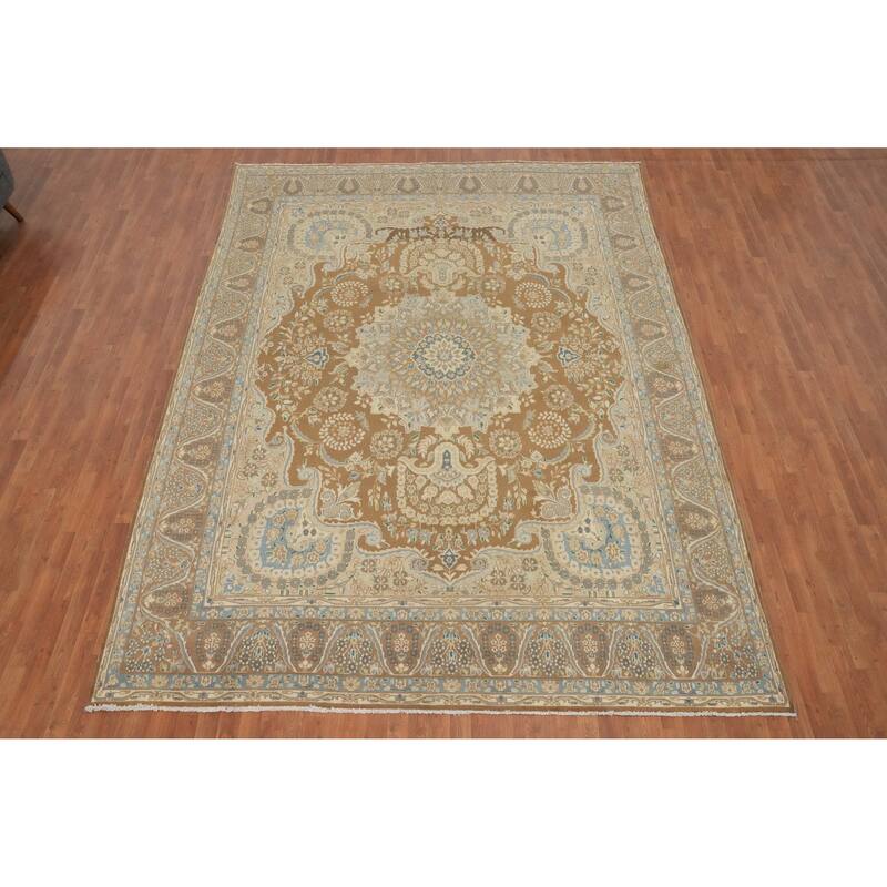 Hand Knotted Oriental 100% Wool Carpet Traditional Floral Brown Kerman Area Rug - 12' 11'' X 9' 6''