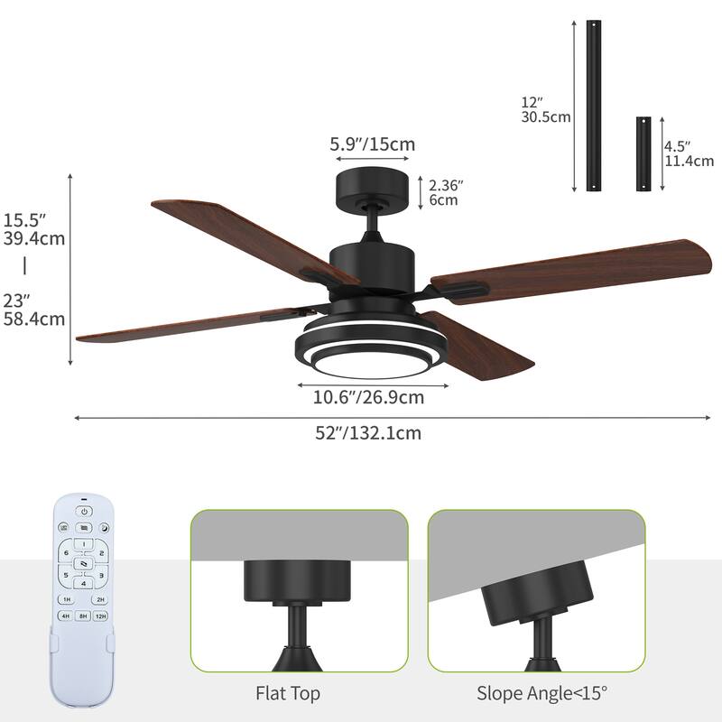 52'' Modern Ceiling Fans with Light, Ceiling Fan with Lights Remote Control - 52"