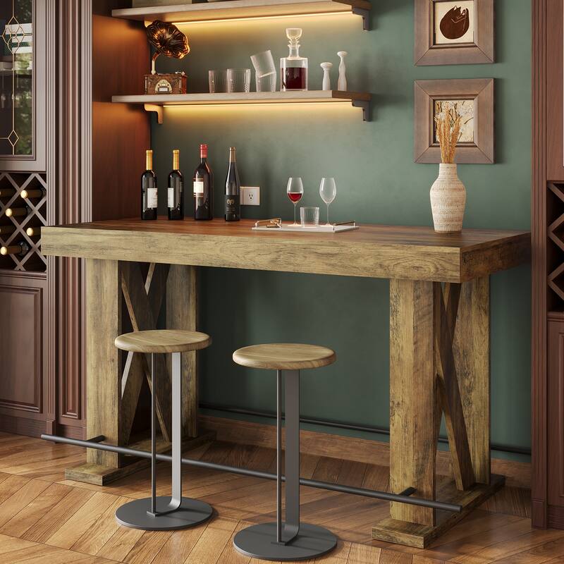 63 Inch Bar Table Counter Height Pub Table with Metal Footrest - 31.5" D x 62.99" W x 39.37" H - Rustic Brown