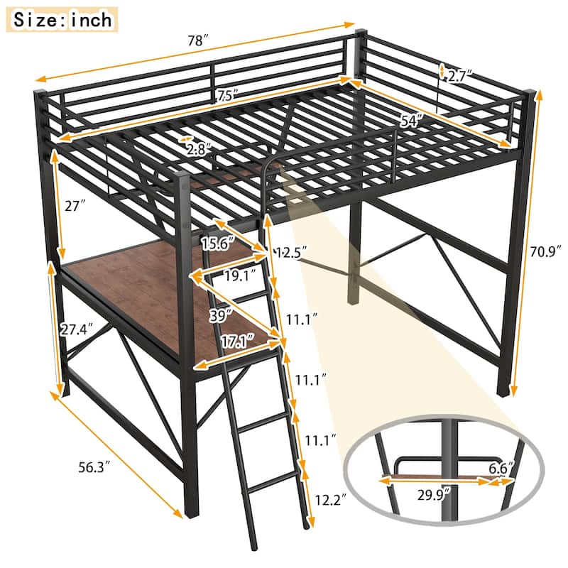 Loft Frame Metal Bed with L-shape Wood Desk and Shelf