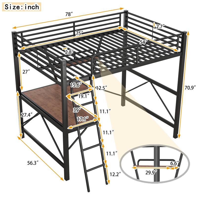 Metal Loft Bed with Desk and Guardrail