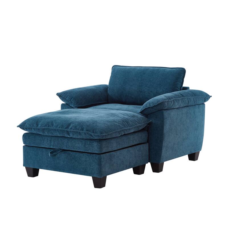 Cloud Lazy Chaise Lounge, Single Sofa Chair & Storage Ottoman Set of 2, Oversize Chenille Upholstered Lounge Sleeper Sofa