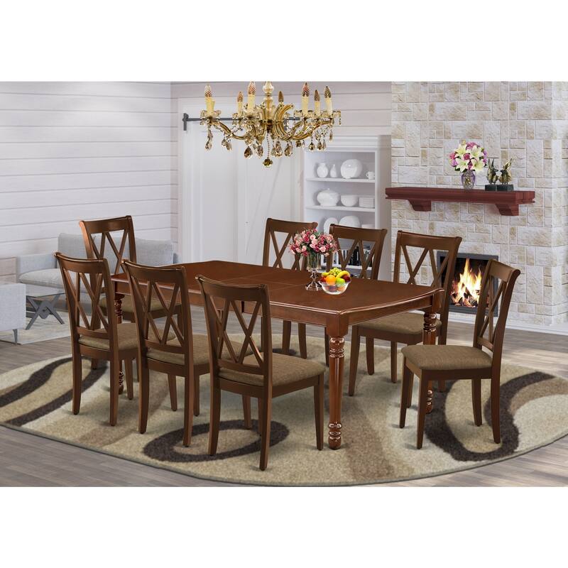 9Pc Dining Set - Rectangle Table with Butterfly Leaf & 8 Linen Seat Chairs - Mahogany Finish - 78