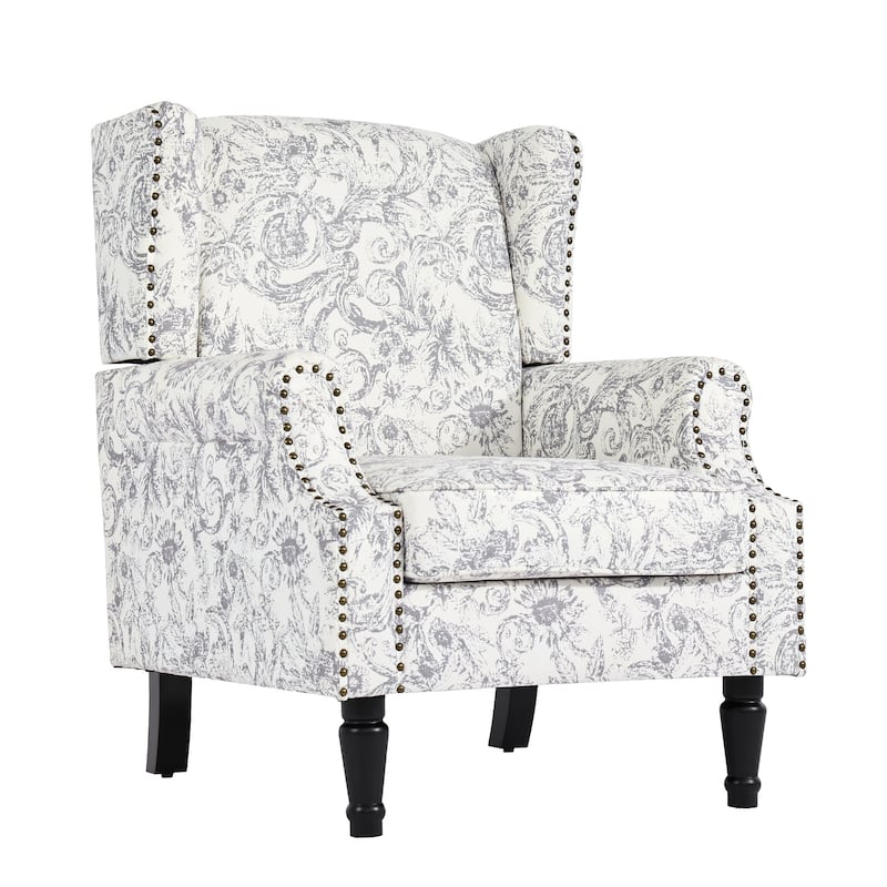 Traditional Floral Patterned Wingback Armchair with Nailhead Trim