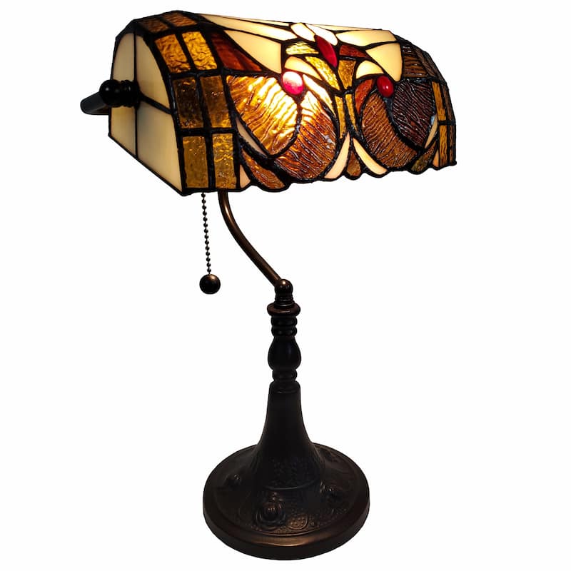 HomeRoots 16" Tiffany Style Brown and Orange Banker Desk Lamp - 13X19X11