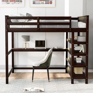 Full Wood Loft Bed with Desk 4 Storage Shelves and Under Bed Desk