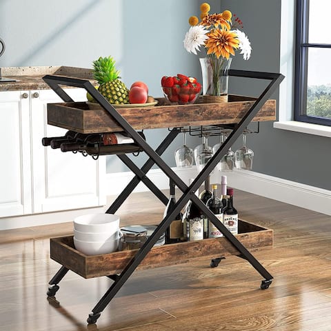 Mobile Service Cart Kitchen Cart with Glass Stemware Rack and Wine Bottle Holders