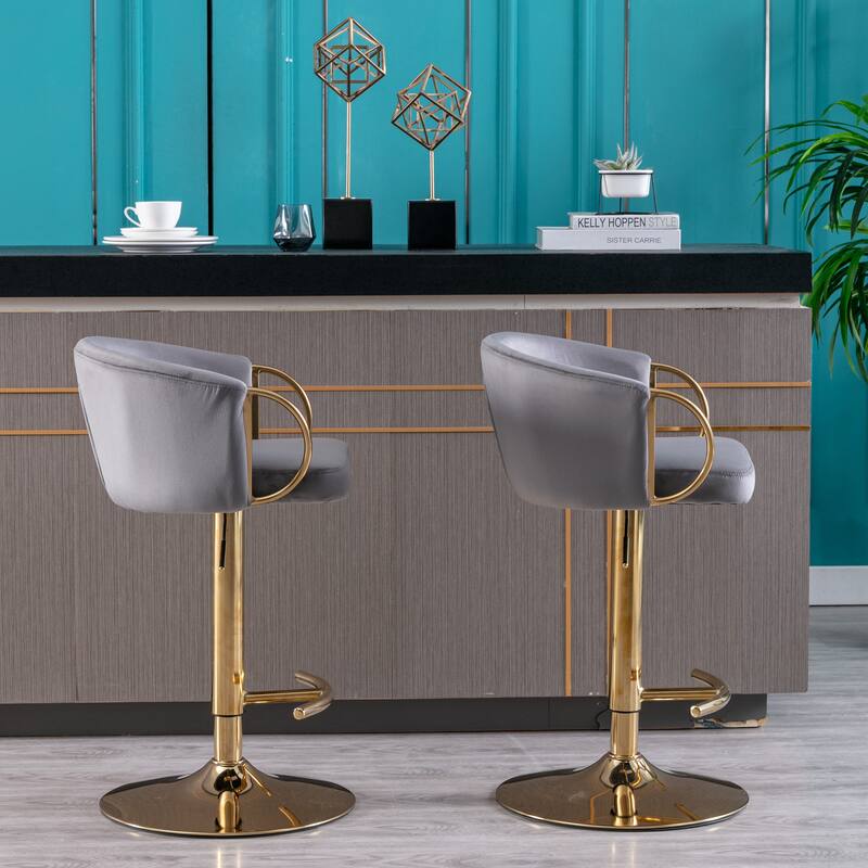 2 Velvet Bar Stools with Chrome Footrest and Base Swivel Height Adjustable - N/A - Grey