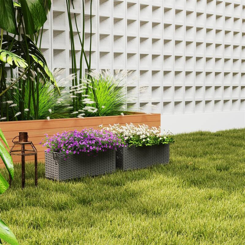 Set of 2 Gray Rattan Style Planters Polypropylene and Metal Decorative Garden Patio Wall Mount - 19.7" L x 7.5" W x 7.5" H