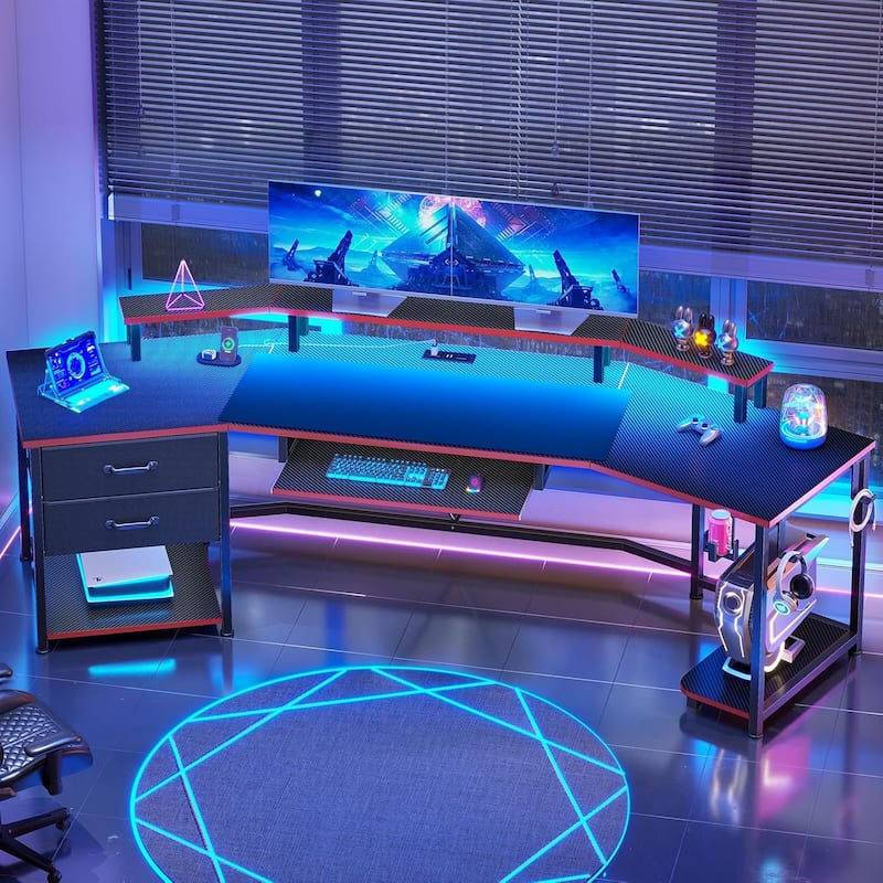 79" Gaming Desk 2 Fabric Drawers Gaming Table Power Strip & LED Lights - Carbon Fiber Blackred