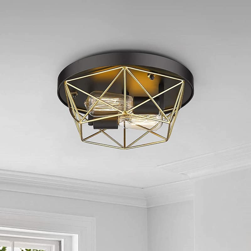 2-Light Industrial Ceiling Light Brass Metal Cage Flush Mount Lights