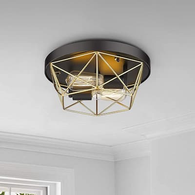 2-Light Industrial Ceiling Light Brass Metal Cage Flush Mount Lights