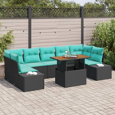 vidaXL 8 Piece Garden Sofa Set with Cushions Black Poly Rattan - 113.8×60.6×27.2