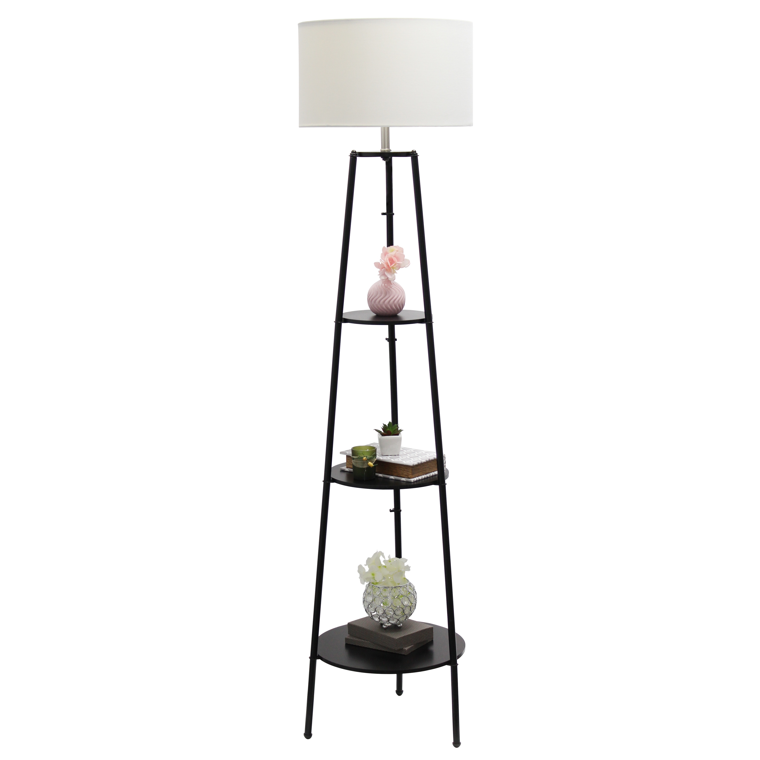 Simple Designs 62.5 Tall Modern Tripod 3 Tier Shelf Floor Lamp Black