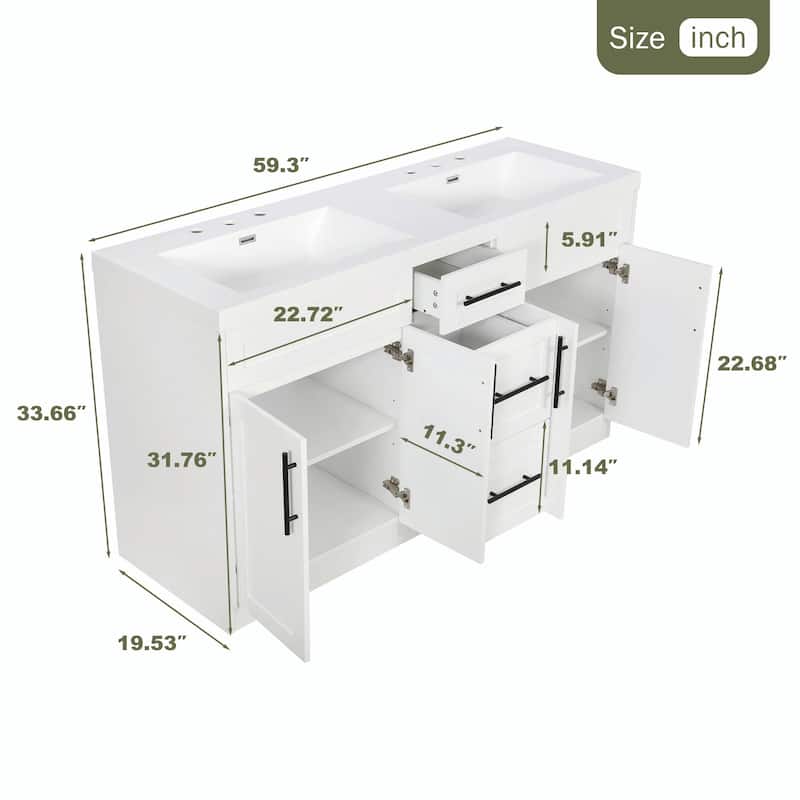 59.3" Double Sink Bathroom Vanity with SMC Top, MDF Cabinet with Solid Wood Frame & Soft-Close Doors