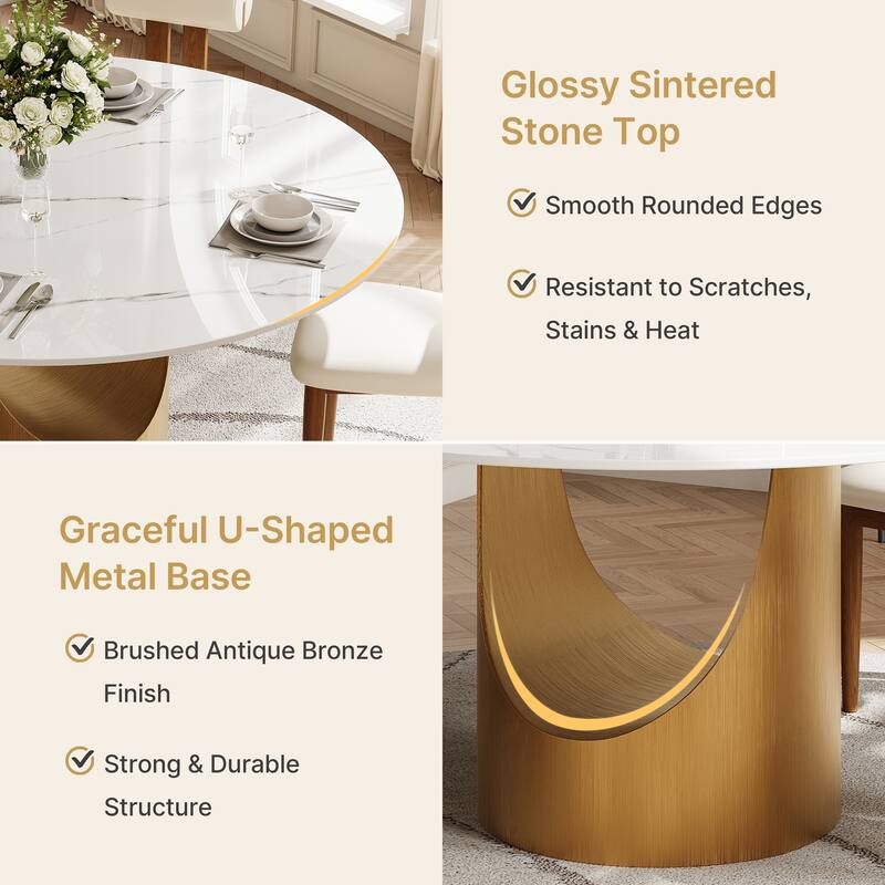 51 &59" Modern Round Dining Table for Diningroom，White Glossy Stone Tabletop,Bronze Carbon Pedestal