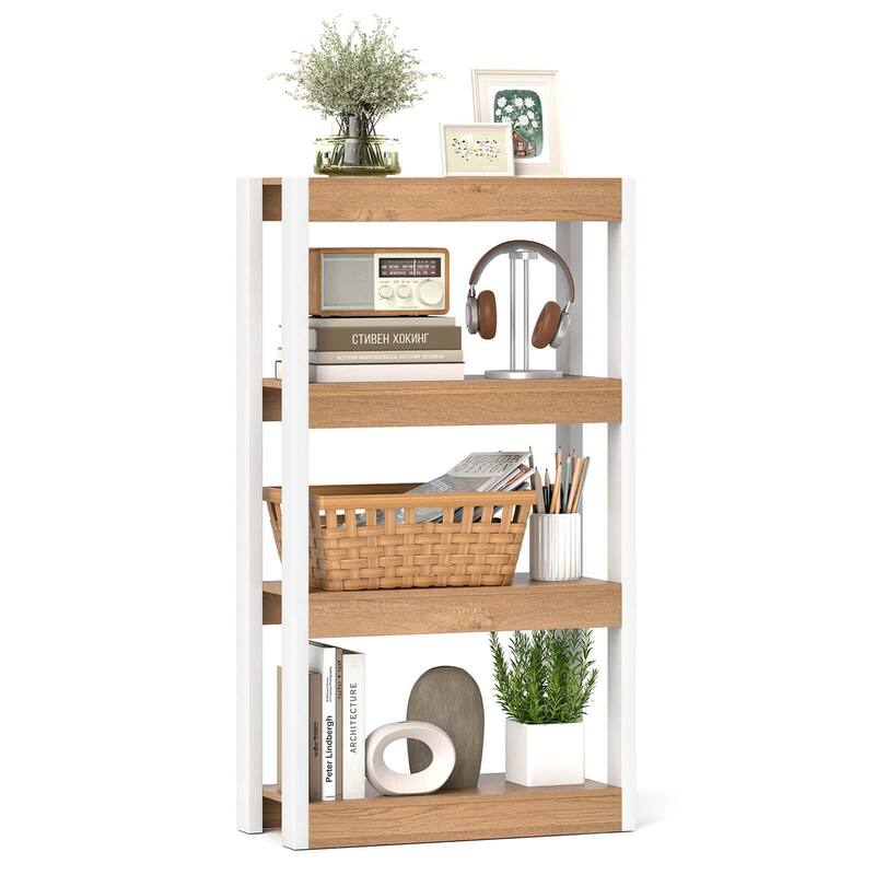 Costway 1 PCS 4 Tier Bookshelf Wooden Bookcase with Dual Anti-Tipping - See Details - Natural
