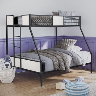 Metal Twin over Full Bunk Bed with Side Ladder in White and Black
