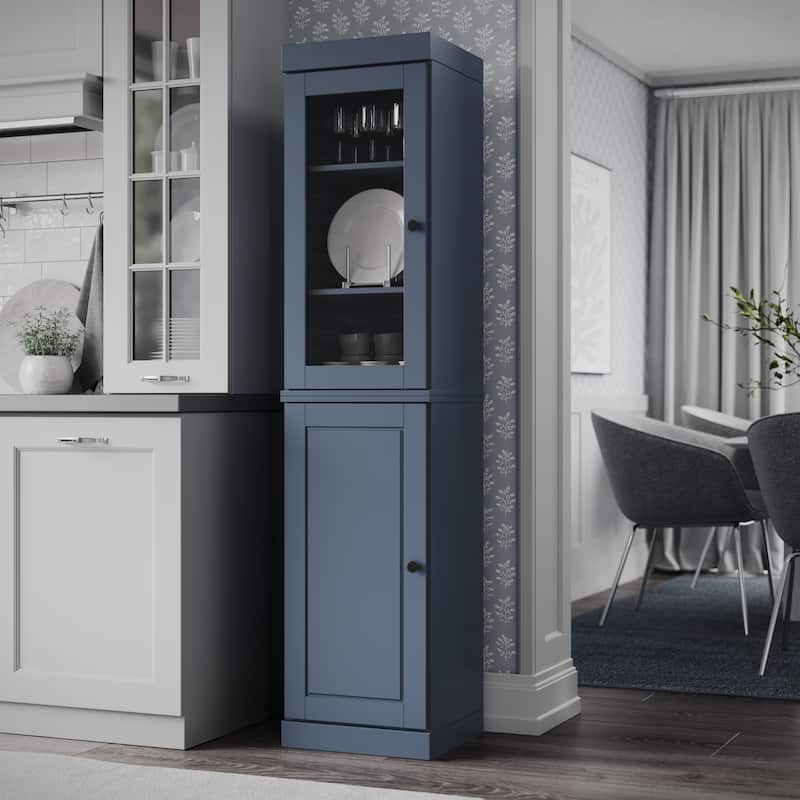 Palace Imports 100% Solid Wood Pantry Cabinet, Adjustable Shelves, 16.5" Wide, 71.5" Tall - Antique Blue - Clear Glass-Solid