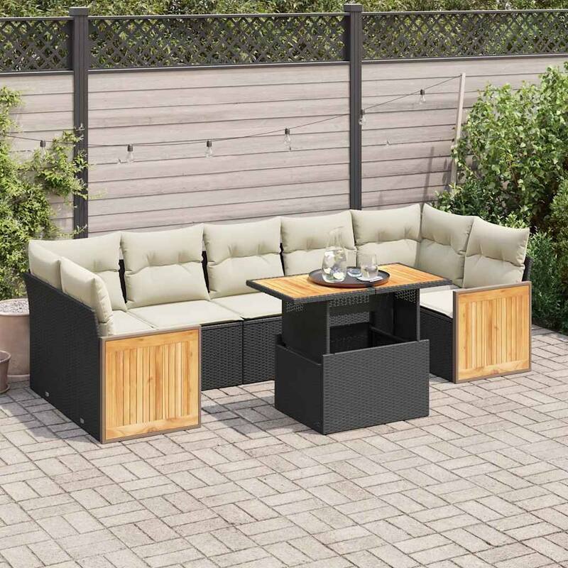 vidaXL Patio Sofa Set with Cushions Outdoor Furniture 8 Piece Poly Rattan - Black and cream with storage - 113.8 x 39.4 x 33.5 in