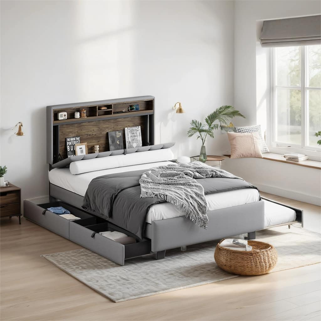 Full size Upholstered Platform Bed with Twin Size Trundle & 2 Drawers