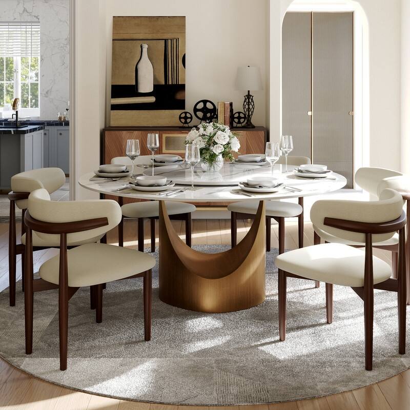 Modern Round Dining Table for Diningroom，White Glossy Stone Tabletop,Bronze Carbon Pedestal