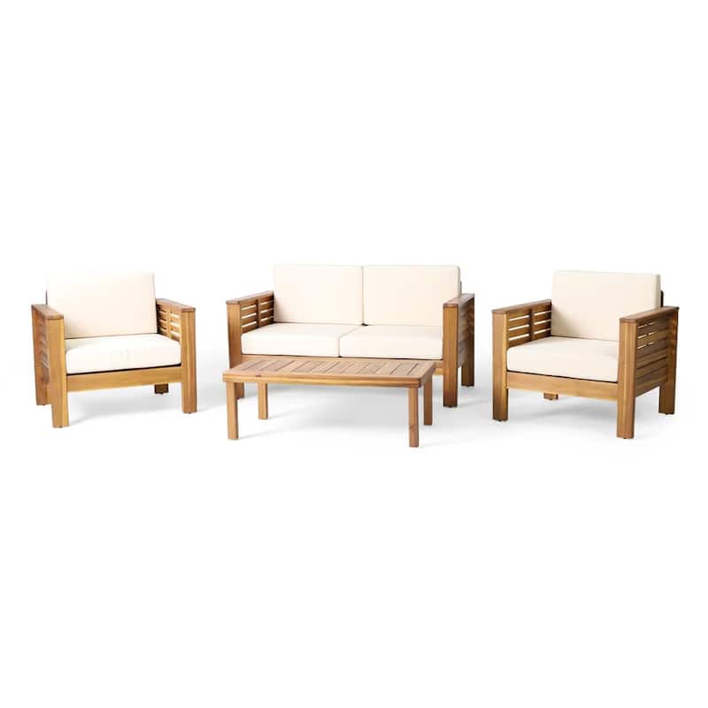 Roomfitters Outdoor Acacia Wood Loveseat and Coffee Table Set, Cream Cushions, Teak Finish, Ideal for Patio, Garden, or Porch