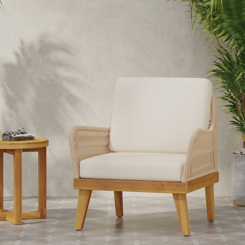 Roomfitters Coastal Woven Rope Accent Chair with Wood Legs and Cream Cushions - Cream