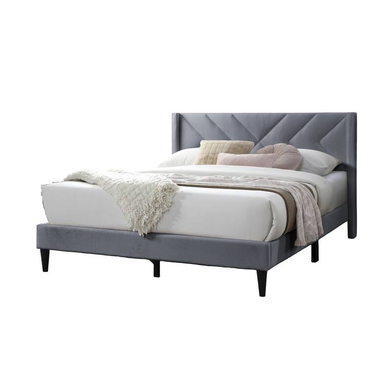 Modern Gray Velvet Upholstered Queen Size Bed with Geometric Headboard